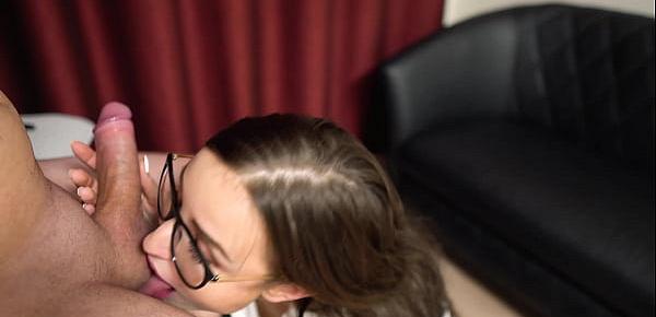  Babe in Glasses Deepthroat and Jerk Off Cock - Homemade